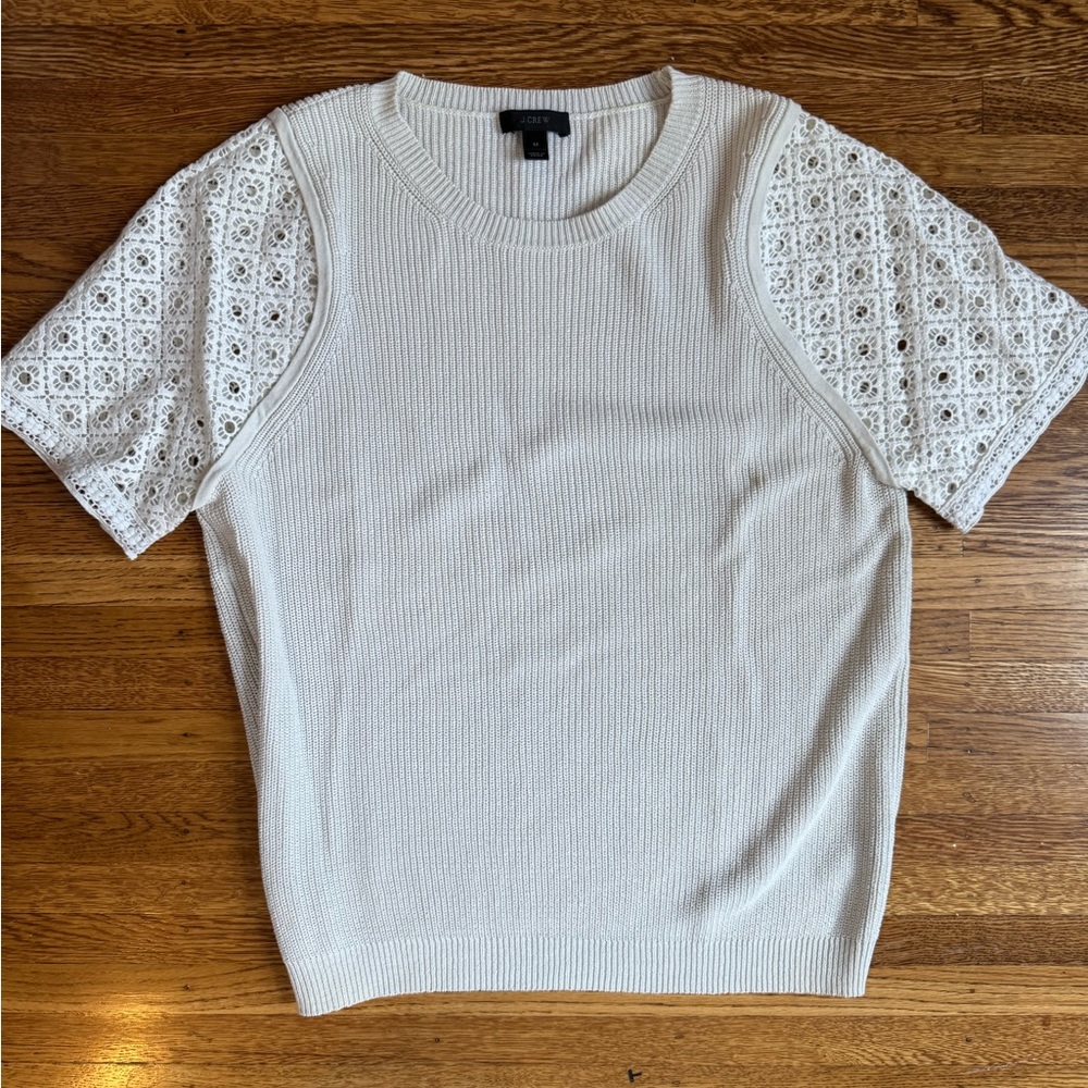 J Crew Cream Short Sleeve Knit Top with Lace Sleeves